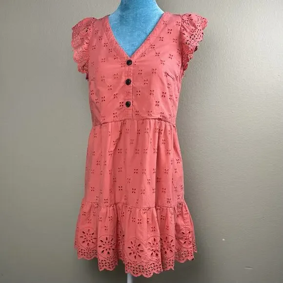 LOFT Ann Taylor Dress Women 2P Mini, Eyelet, Embroidered Peach Coral Lined - Picture 3 of 14